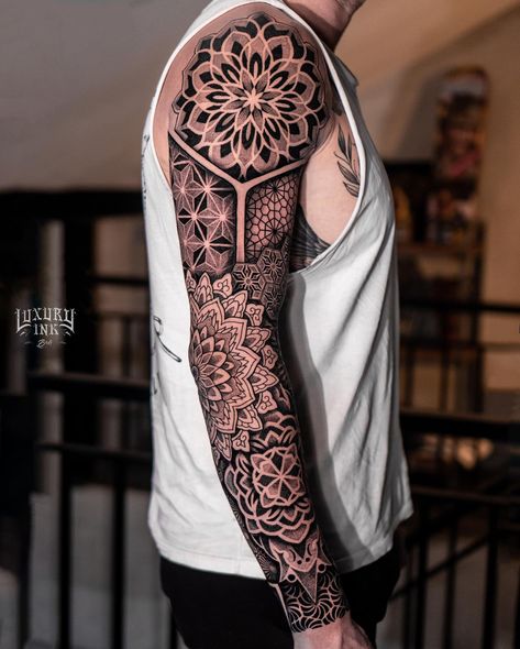 ARM SLEEVE MANDALA GEOMETRIC TATTOO DONE USING @eztattooing @cheyenne_tattooequipment @radiantcolorsink @balmtattooindo 💥DM US FOR BOOKING💥 ▪️WORLD FAMOUS ARTISTS ▪️CUSTOM DESIGNS ▪️AWARD WINNING ARTISTS & STUDIOS ▪️SPONSORED BY THE BEST TATTOO BRANDS ▪️VEGAN INK ▪️INTERNATIONAL HYGIENE STANDARDS ▪️3 LOCATIONS FB/INSTA - @luxuryinkbali @luxuryinkjakarta @luxuryinkcanggu 📲 WA : +6281353701800 ⚜️TATTOO IS FOREVER, BOOK WITH US TODAY FOR THE BEST QUALITY⚜️ #Luxuryinkbali #tattoo #... Mandala Arm Tattoos, Geometric Tattoo Sleeve Designs, Full Hand Tattoo, Mandala Tattoo Sleeve, Geometric Sleeve Tattoo, Forearm Band Tattoos, Band Tattoo Designs, Full Sleeve Tattoo Design, Men Tattoos Arm Sleeve