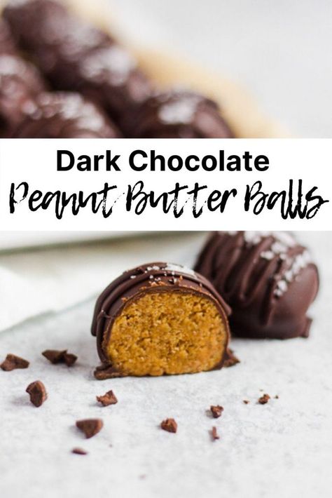 These healthy dark chocolate peanut butter balls are made from real, wholesome ingredients. The perfect combination of peanut butter, almond flour, and coconut sugar all rolled in dark chocolate and sprinkled sea salt. #betterforyoudessert Chocolate Covered Peanut Butter Balls, Peanut Butter Chocolate Balls, Healthy Peanut Butter Balls, Chocolate Peanut Butter Balls, Clean Eating Dessert Recipes, Dark Chocolate Desserts, Healthy Peanut Butter Cups, Gluten Free Dairy Free Dessert, Dark Chocolate Peanut Butter