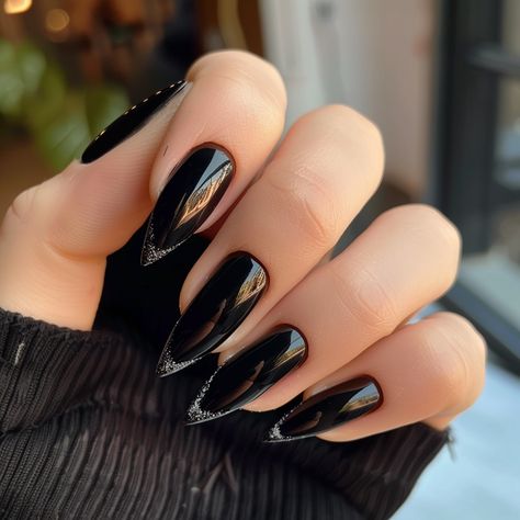 black-french-tip-nails Black Silver Tip Nails, Black Nail Silver Tip, Black Silver French Tip Nails, Black Nails Chrome Tips, Black Nails With Silver French Tip, Black On Black French Tip Nails, Black Chrome Nail Designs, Black Nails With Silver Tips, Baddie Maintenance