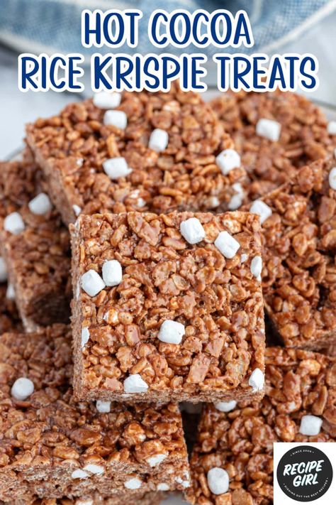 Hot Cocoa Rice Krispie Treats recipe from RecipeGirl.com Hot Cocoa Rice Crispy Treats, Hot Coco Rice Krispies, Hot Cocoa Rice Krispie Treats, Hot Chocolate Rice Krispie Treats, Christmas Rice Crispies, Cocoa Rice Krispie Treats, Cocoa Krispie Treats Recipes, Chocolate Rice Crispy Treats, Rice Krispie Treats Recipe