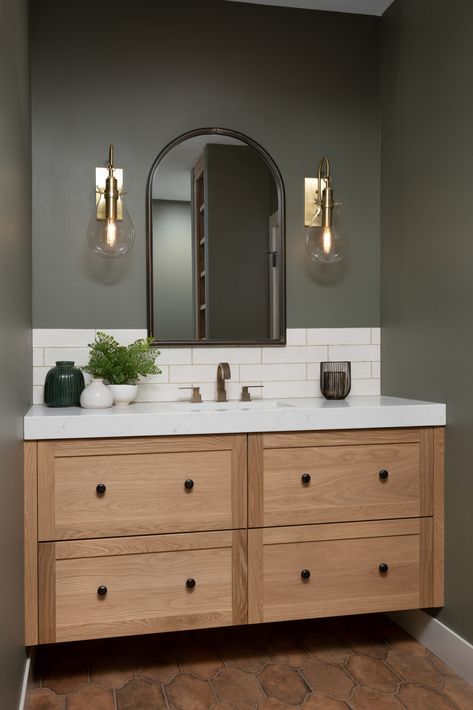 Double Sink Bathroom Vanity Tile Backsplash, Bathroom Sink Tiles Backsplash, Small Bathroom Vanity Tile Backsplash, Backsplash Behind Mirror In Bathroom, Wall To Wall Bathroom Vanity, Bathroom Tan Vanity, Tiled Wall Behind Bathroom Vanity, Tile Around Bathroom Sink, Mediterranean Style Bathrooms