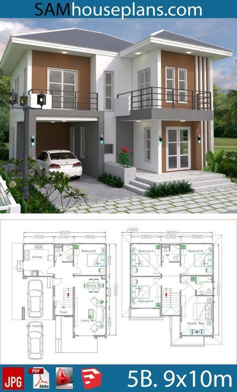 House Design Plan 8.5x9.5m With 4 Bedrooms #hausdesign House Design 5BE 5 Bedroom House Plans, House Plans Mansion, Two Story House, Duplex House Plans, Simple House Design, Casas The Sims 4, Sims House Plans, House Construction Plan, House Layout Plans