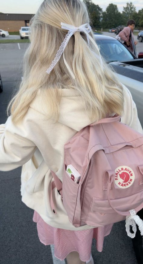 hair, hair styles, bow, lace, half up, hair bow, ribbon hairstyles, backpack, backpack inspo, pink backpack, school aesthetic, back to school, coquette, coquette outfits, coquette hair, coquette school, brandy melville #hair #hairstyles #haircolor #hairideas #bows #ribbon #halfuphalfdown #backtoschool #backpack #kanken #coquette #coquetteaesthetic #coquettehairstyle #brandymelville #kankenbackpack #school #outfits Pink Backpack Outfit, Backpack School Aesthetic, Simple Back To School Hairstyles, Pink Kanken, Hair Coquette, Backpack Kanken, Americana Coquette, Brandy Girl, Coquette School