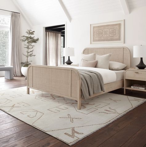 Create a gradient of neutral hues with a graphic ivory rug, whitewashed cane furniture, and a black table lamp that pops in a tonal room. Solid Oak Beds, Oak Bed Frame, Cane Bed, Wood Platform Bed Frame, Oak Beds, Cane Furniture, Small Bedrooms, Lulu And Georgia, Wood Platform Bed