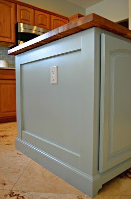 Decorative Island End Panels, Transforming Kitchen Island, Kitchen Island Back Panel Design, Add Legs To Kitchen Island, Trim Kitchen Island, Island Remodel Diy, Kitchen Island Moulding, Kitchen Island End Ideas, Island End Panel Ideas