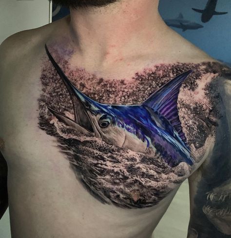 Dylan Weber na Instagramie: „Blue Marlin today for the start of James chest piece 🎣 used one of @kona_grander awesome photos for reference 🤙🏻 @atlnts.studio #marlin…” Marlin Tattoo, Photos For Reference, Blue Marlin, Chest Piece, Animal Tattoos, The Start, Festival Bra, Watercolor Tattoo, Tattoos