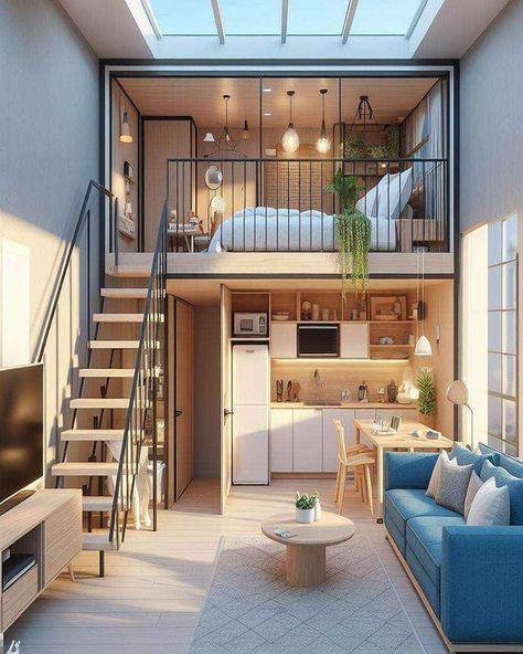 Small Loft Apartment Studio Apt Tiny Spaces, 2 Bedroom Loft House Design, Small Loft House, Small Loft Apartments, Loft House Design, Mini Loft, Small Loft, Tiny House Loft, Tiny House Inspiration