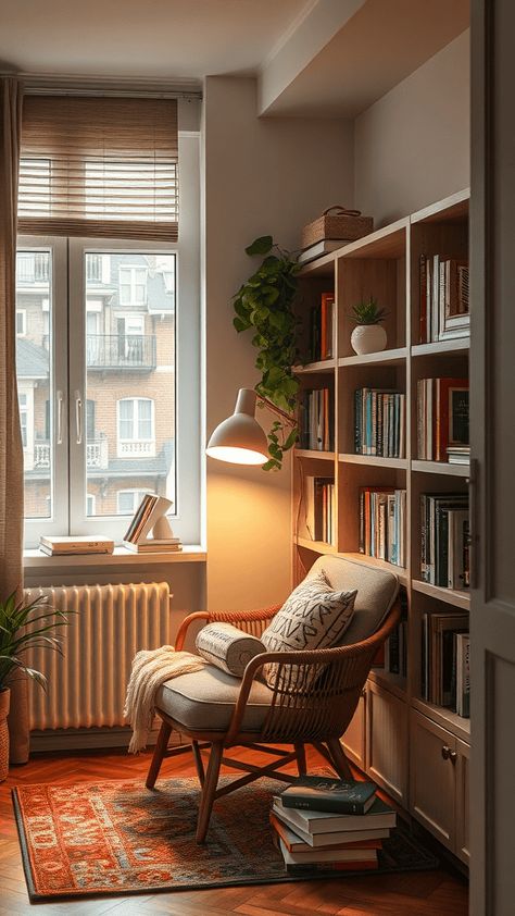 Incorporate a window seat into your apartment home office for a relaxing nook, pairing it with a nearby desk for an efficient and elegant setup. Office Window Seat, Cosy Home Office, Home Office With Couch, Home Office Window, Rustic Wooden Desk, Feminine Home Office Ideas, Office Cozy, Office And Guest Room, Beautiful Office Spaces