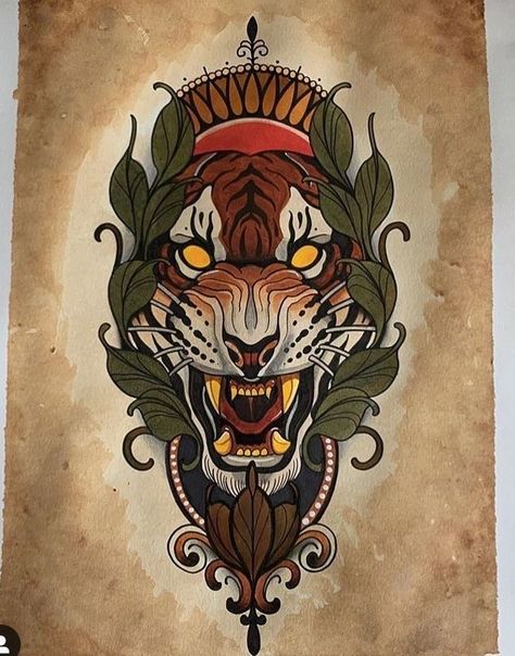 Neo Traditional Tiger Tattoo Design, Neo Trad Lion, Neo Traditional Lion Tattoo, Neo Traditional Tiger Tattoo, Neo Traditional Drawing, Neo Japanese Tattoo Designs, Neo Traditional Tiger, Neo Trad Tattoo Design, Newschool Tattoos