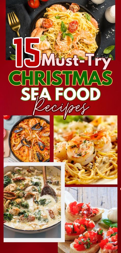 Collage includes creamy shrimp pasta with cherry tomatoes and basil, a traditional seafood paella packed with shrimp, mussels, and rice, buttery garlic shrimp with herbs, creamy chicken and spinach skillet, and colorful bruschetta topped with diced tomatoes and basil. These recipes highlight festive flavors, perfect for seafood lovers during Christmas celebrations. Christmas Eve Seafood Dinner Menu Ideas, New Years Seafood Dinner Ideas, Christmas Seafood Dinner Ideas, Christmas Eve Fish Dishes, Christmas Seafood Recipes, Christmas Dinner Seafood, Seafood Dinner Party Menu Ideas, Christmas Seafood Dinner, Seafood Christmas Dinner