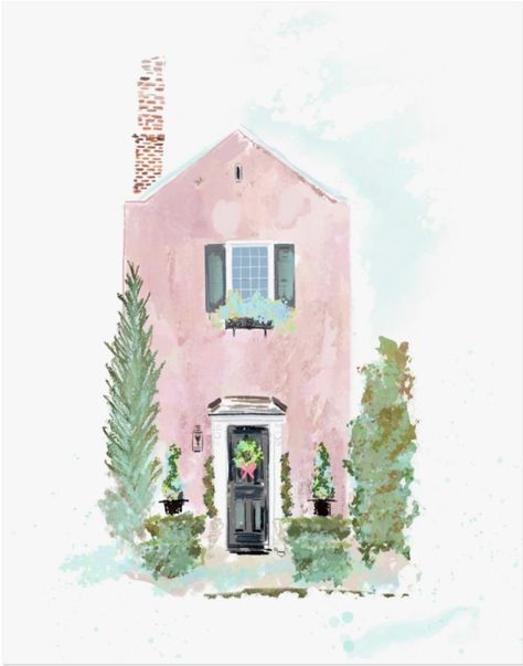 The most festive little house in Charleston! Pink House Illustration, Gouache Tutorial, Watercolor House Painting, House Illustration, Pink House, Cute House, Pink Houses, Heartfelt Gifts, Travel Companion