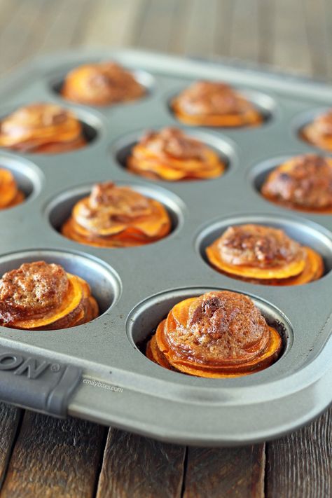 Sweet Potato Casserole Stacks Candied Sweet Potato Stacks, Sweet Potatoes Appetizers, Sweet Potato Stacks Muffin Tins, Sweet Potato Appetizer, Sweet Potato Casserole Bites, Sweet Potato Stacks, Emily Bites, Potato Stacks, Sweet Potato Souffle