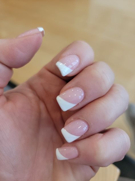 French Tips Triangle, Angle French Tip Nails, Angled French Manicure, Slanted French Tip Nails, Nail Designs Triangle French Tip, French Nails Diagonal, Diagonal Tip Nails, French Tip Nails Diagonal, Angled French Tip Nails