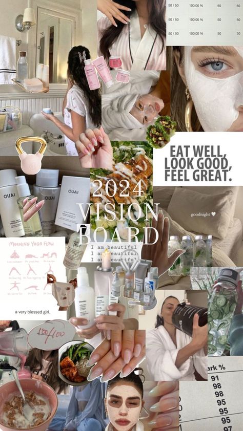 2024 vision board Vision Board Yoga, Healthy Yummy Food, Morning Yoga Flow, Aesthetic Era, Feminine Energy Aesthetic, 2024 Vision Board, Life Vision Board, Clean Girl Aesthetic, Yoga Outfit