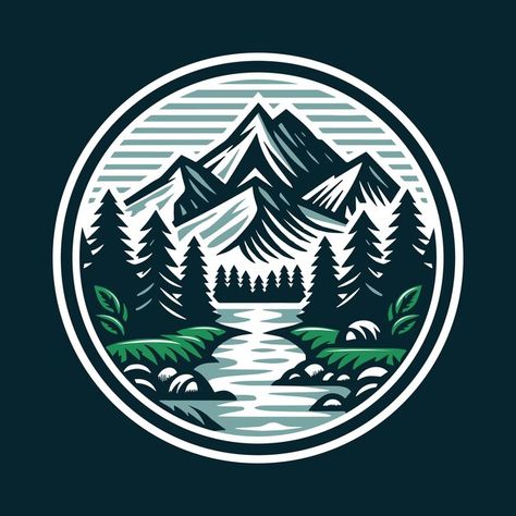 Vector mountain forest and river logo de... | Premium Vector #Freepik #vector #cabin #vacation #wood #nature Patagonia Logo Design, River Logo Design, Forest Logo Design, Resort Logo Design, River Graphic, Mountains Logo, River Logo, Beast Logo, Vector Mountain