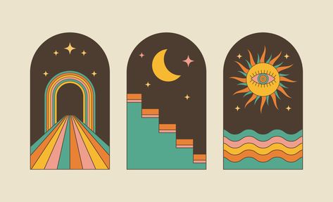 Retro Vector Art, Retro Boho Graphics, Arch Illustration, Waves Cartoon, Arch Windows, Boho Arch, 60s Art, Graphic Abstract, Abstract Elements