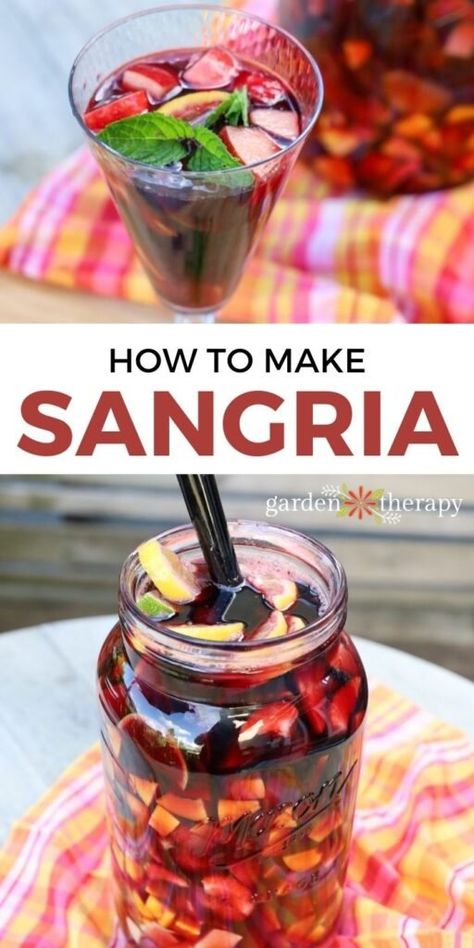 Fresh fruit and wine belong together. Sangria mixes dry wine with the sweet taste of seasonal fruit and creates the perfect drink to share with a group of friends in the backyard. Learn how to make sangria that tastes like the summer sun with this simple recipe. #gardentherapy #gartending #sangria #fruit #wine #diy #recipes #drinks Sangarita Recipe, Sangria Fruit, Sangria Mix, Homemade Ginger Ale, Easy Sangria Recipes, How To Make Sangria, Red Wine Sangria, Wine Diy, Alcohol Beverages