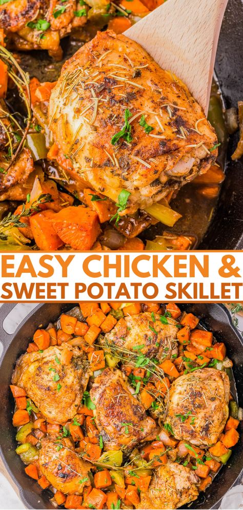 Chicken and Sweet Potato Skillet - 🍗🍁🍠 An EASY one-skillet chicken dinner recipe complete with sweet potatoes, bell peppers, and onions for impressive texture and flavor! It's all seasoned with smoked paprika, oregano, rosemary, thyme, and there's a simple sauce with maple syrup and Dijon mustard that lends all the cozy fall vibes! This is COMFORT FOOD that's great for busy weeknights and chillier weather. 's all seasoned with smoked paprika, oregano, rosemary, thyme, and there's a simple sau Sweet Potato Skillet Recipes, Chicken And Sweet Potato, Potato Skillet, Chicken Dinner Recipe, Comfort Food Chicken, Sweet Potato Skillet, Cozy Fall Vibes, Chicken Skillet Recipes, Skillet Potatoes