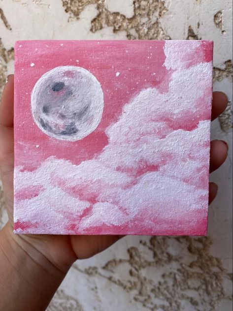 Mini Canvas Art Pink Aesthetic, Aesthetic Clouds Painting, Pink Mini Painting, Pink Art Aesthetic Painting, Cute Moon Paintings, Sailor Moon Acrylic Painting, Pink Painting Ideas On Canvas Aesthetic, Abstract Moon Painting, Simple Moon Painting