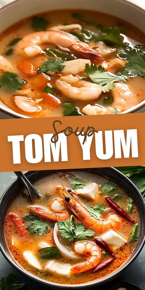 Tom Yum Soup is a classic Thai dish featuring bold, spicy, and sour flavors that are incredibly satisfying! 🍤🌶️ Made with shrimp, mushrooms, and a flavorful broth, this soup is perfect for warming up on a chilly day or when you’re craving something light yet packed with flavor.  📌 Pin this recipe to enjoy the bold and spicy flavors of homemade Tom Yum soup! #TomYumSoup #ThaiCuisine #SpicySoups #FlavorfulBroth #EasyRecipes #ShrimpSoup Chicken Tom Yum Soup Recipe, Tom Yum Soup Recipe Thai, Shrimp Mushrooms, Tom Yum Soup Recipe, Thai Shrimp, Tom Yum Soup, Shrimp Soup, Tom Yum, Thai Dishes