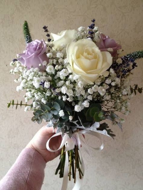 White Roses With Purple Accents, Hoco Bouquet, Hoco Flowers, Prom Flowers Bouquet, Lavender Wedding Bouquet, Lavender Wedding Ideas, Small Bridal Bouquets, Purple Flower Bouquet, Prom Bouquet