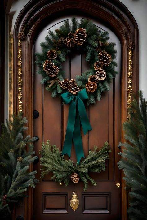 Elegant Christmas wreath ideas. how to decorate a Christmas wreath. Christmas wreath with green velvet ribbon and pine cones. christmas wreaths for front door. classic christmas decor ideas. front door christmas decorations Green Velvet Ribbon Wreath, Pine Green Christmas Decor, Green Velvet Bows On Christmas Tree, Luxury Christmas Wreaths For Front Door, Ribbon Styles On Christmas Trees, Elegant Wreaths Christmas, Christmas Green Decorations, Green Christmas Wreath Ideas, Christmas Green Decor