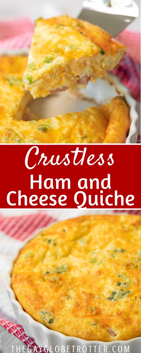 Crustless ham and cheese quiche is a keto friendly easy quiche recipe that's perfect for weekend brunch or weekday breakfast! We love making this easy quiche with eggs, heavy cream, ham, and cheddar cheese all week! #gayglobetrotter Crust Less Quiche Recipes Easy, Crustless Quiche With Heavy Cream, Crustless Quiche For One, Eggs Meat And Cheese Recipes, Eggwhite Quiche Recipes, Crustless Potato Quiche Recipes, Cheese And Egg Quiche, Easy Crust Less Quiche, Ham And Tomato Quiche