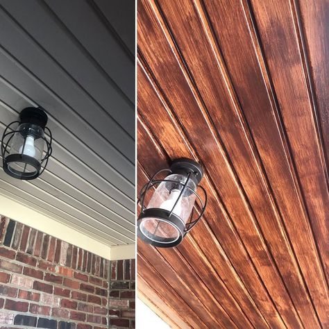 Heirloom Traditions Paint on Instagram: “Porch goals❤️❤️ Charlotte Marie used our Walnut Gel Stain on her #porch ceiling to give it a stained wood look.! Simply brush on the…” Wood Vinyl Siding, Walnut Gel Stain, Porch Goals, Backyard Entertaining Space, Heirloom Traditions Paint, Diy Staining, Heirloom Traditions, Porch Ceiling, Painted Vinyl