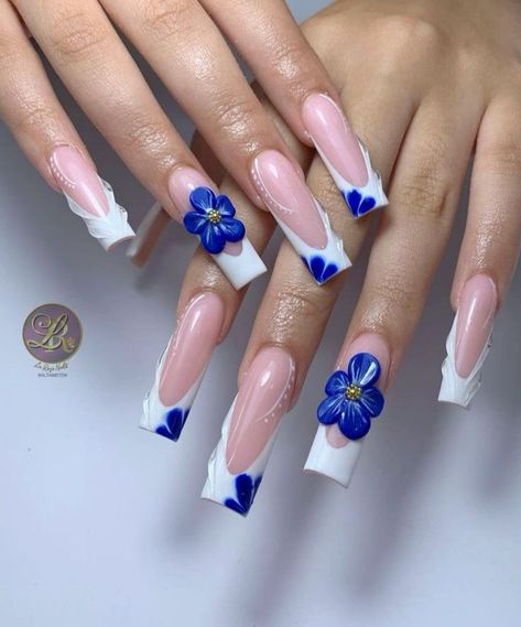 Square Nails 3d Flowers, Blue Nails With 3d Flowers, Blue 3d Flower Nails, Navy Blue And Pink Nails, Dark Blue Acrylic Nails, Pink Flower Nails, Royal Blue Nails, Birthday Plans, 3d Flower Nails