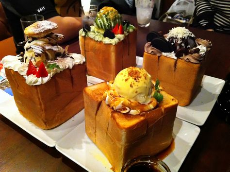 Honey Toast, Tokyo | Why order one when you can order them a… | Tokyo Fashion | Flickr Honey Toast Recipe, Brick Toast, Honey Bread, Honey Toast, Homemade Sushi, Japanese Dessert, Sushi Recipes, Dessert Shop, Asian Desserts