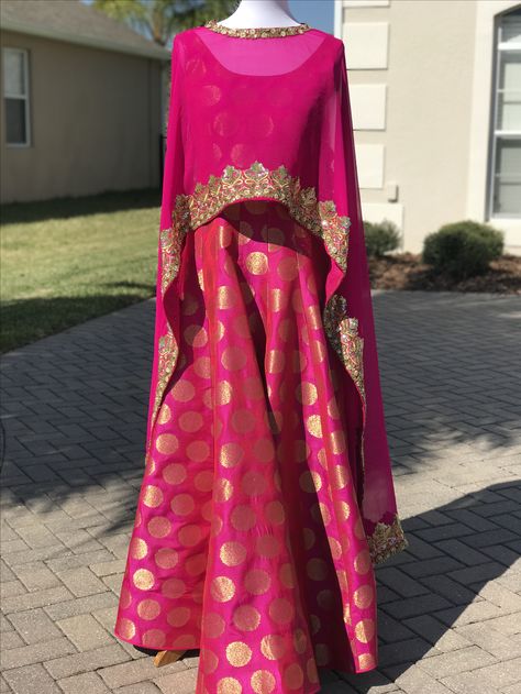 Brocade Anarkali Dress, Cape Dress Indian Gowns, Dupatta Cape, Cape Dress Indian, Paithani Dress, Bandhani Design, Long Skirt Top Designs, Gown Anarkali, Pink Brocade