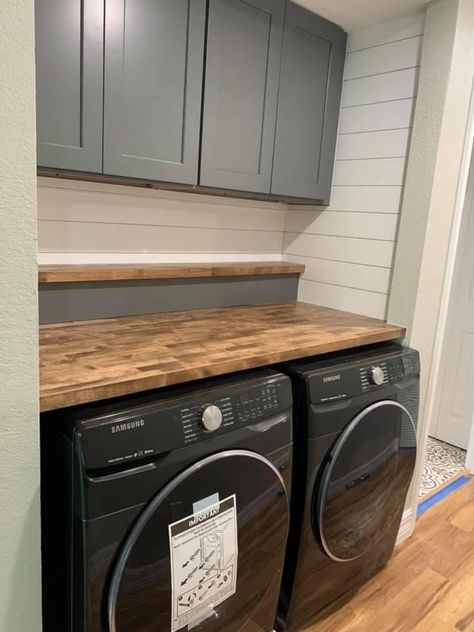 Laundry Room With Cupboards, Laundry Folding Table Over Washer Dryer, Upper Laundry Room Cabinets, Country Chic Master Bath, Laundry Rooms With Front Loaders, Shaker Cabinets Laundry Room, Front Load Washer And Dryer Countertops, Open Laundry Room Ideas Hallways, Laundry Cabinet Ideas