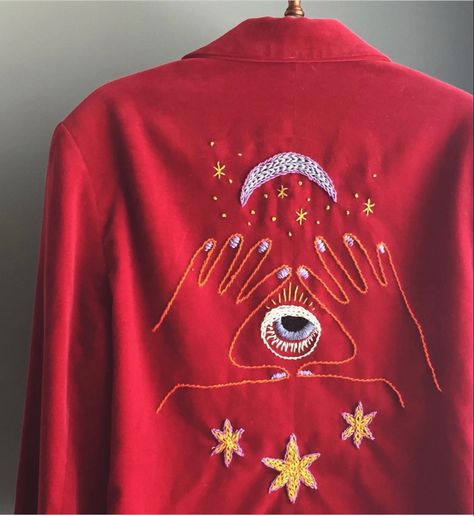 Mystical Stitching on a second hand jacket. Work featured on ‘Madame Fortuna’ by @stitchwish #needlework #allseeingeye Mystical Stitches, Mystic Embroidery, Needlework, Short Videos, Varsity Jacket, Christmas Sweaters, Second Hand, Cross Stitch, Stitching