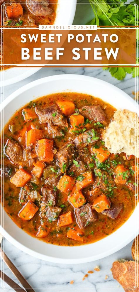 SWEET POTATO BEEF STEW, comfort food, tasty dinner recipes Sweet Potato Beef Stew Crockpot, Healthy Soup With Sweet Potatoes, Damn Delicious Beef Stew, Beef With Sweet Potatoes, Beef Stew With Sweet Potatoes Crockpot, Stew Sweet Potato, Crock Pot Sweet Potato Stew, Crockpot Meals With Sweet Potatoes, Cab Stew Meat Recipes