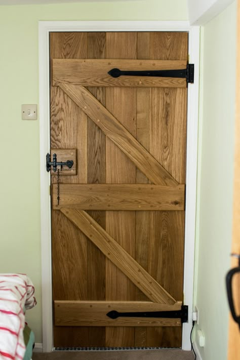 Oak Ledged & Braced doors made by Waterhall Joinery Ltd. Each door made of 5 individual Oak panels to give rustic style, complimented with black furniture. Oak Ledge And Brace Doors, Ledge And Brace Door, Cottage Door Ideas, Interior Cottage Doors, Cottage Doors Interior, Rustic Interior Doors, Cottage Doors, Rustic Doors Interior, Country Doors