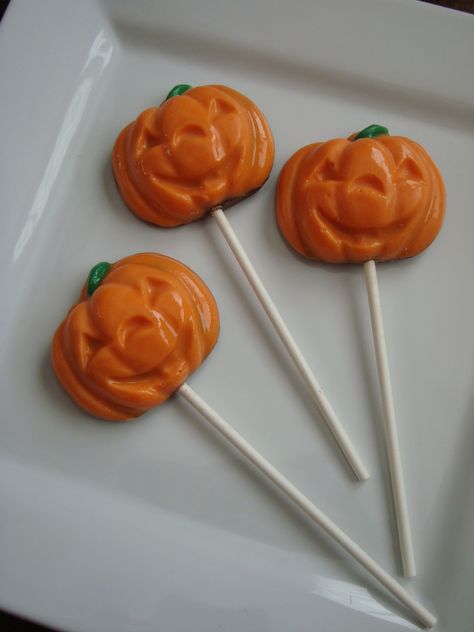 Chocolate Halloween Pumpkin Lollipops... www.rosebudchocolates.com Halloween Chocolate Lollipops, Pumpkin Lollipops, Cozy Baking, Chocolate Halloween, Holiday Chocolate, Chocolate Lollipops, Candy Party Favors, Halloween Chocolate, Halloween Food