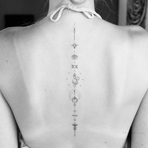 Geometric Tattoos: Soul Alignment. A vertical series of dainty geometric symbols. Click through for 25 geometric tattoo ideas. #geometrictattoos #tattooideas #tattoo IG: @fedornozdrin Dainty Spine Tattoo, Vertical Tattoo, Spinal Tattoo, Spine Tattoo Ideas, Chakra Tattoo, Unalome Tattoo, Spine Tattoos For Women, Spine Tattoo, Back Tattoo Women