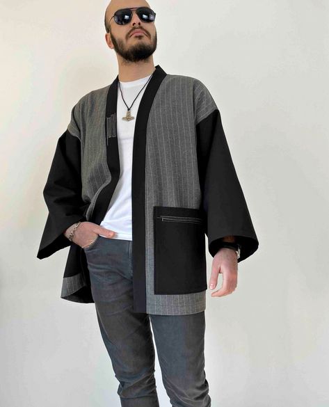 Japanese Male Clothing, African Reference, Streetwear Kimono, Mens Kimono Shirt, Kimono Outer, Mens Kimono Jacket, Mens Fashion Cardigan, Men's Kimono, Stitch Jacket