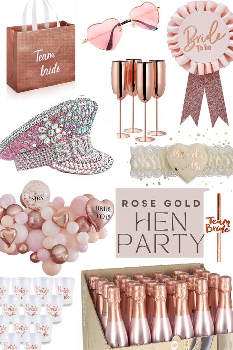 Rose Gold Hens Party, Rose Gold Bachelorette Party Ideas, Rose Gold Bachelorette Party, Rose Gold Bride, Hens Party Themes, Gold Bachelorette Party, Hen Party Decorations, Hen Party Accessories, Hen Party Bags