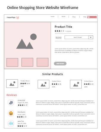 This is an example of wireframe for showing the online shopping E-commerce store layout. From this example, the product details and reviews have been displayed. A wireframe is commonly used to layout content and functionality on a page which takes into account user needs and user journeys. Ecommerce Wireframe, Home Page Wireframe, Website Wireframe Templates, E Commerce Wireframe, Website Wireframe, Wireframe Website, Store Layout, Wireframe Kit, Kit Digital