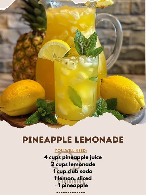 🍍🍋 The perfect tropical refreshment! #PineappleLemonade #SummerSips 🍽️ Pineapple Lemonade 🛒 Ingredients: 4 cups pineapple juice 2 cups lemonade 1 cup club soda 1 lemon, sliced 1 pineapple, diced Ice Mint leaves for garnish 👩‍🍳 Instructions: Mix Juices: In a pitcher, combine pineapple juice and lemonade. Add Club Soda: Stir in club soda. Garnish & Serve: Add lemon slices, pineapple pieces, and ice. Garnish with mint leaves. ✨ Share the Tropical Sips: Pineapple Lemonade is a refreshing drin... Pineapple Juice Cocktails, Bar Necessities, Pineapple Lemonade Recipe, Drinks With Pineapple Juice, Fajita Casserole, Cold Drinks Recipes, Chicken Fajita Casserole, Pineapple Lemonade, Slushie Recipe