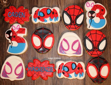 Spidey And His Amazing Friends Desserts, Spidey And His Amazing Friends Cupcake Cake, Spidey Birthday Cookies, Spidey And His Amazing Friends Birthday Cupcakes, Spider And Friends Birthday Party, Spidey And His Amazing Friends Birthday Cookies, Spidey And His Amazing Friends 3rd Birthday Party, Spidey And Friends Cookies Decorated, Spiderman And His Amazing Friends Birthday Party