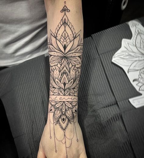 Mandala Tattoo On Hand Women, Vertical Mandala Tattoo, Mandala Tattoo With Names, Mandela Tattoo Designs For Women Arm, Ornamental Half Sleeve Tattoo, Healing Mandala Tattoo, Forearm Mandala Tattoo Women, Mandala Forearm Tattoo For Women, Mandala Tattoo Design Women Hand