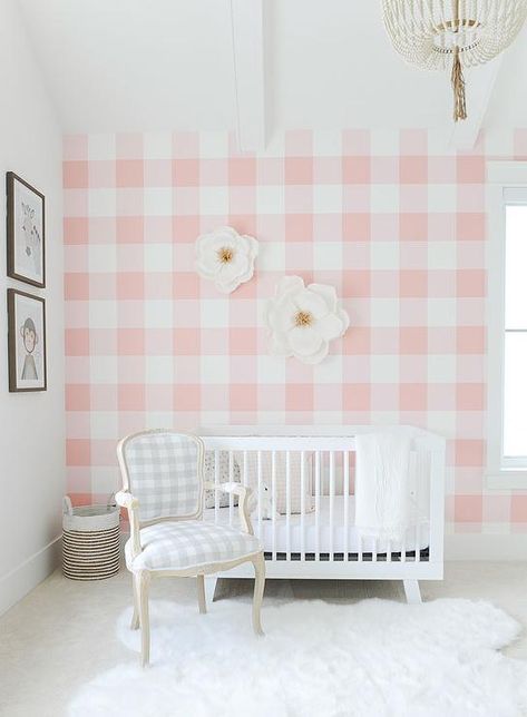 Pink Shiplap Wall Nursery, Pink And White Stripe Nursery, Pink Gingham Nursery, Pink Striped Walls, Pink Gingham Wallpaper Nursery, Pink Polkadot Nursery, Pink Bow Wallpaper Nursery, Transitional Nursery, Nursery Projects