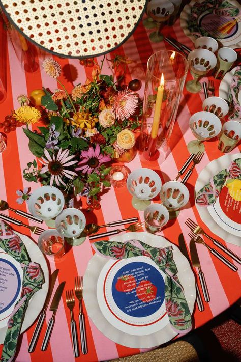 A Tomato Girl Summer Wedding in Virginia Tomato Tablescape, Eclectic Dishware, Colorful Dinner Party, Eclectic Tablescape, Colorful Dinner, Colorful Tablescapes, Glazed Baby Carrots, Tomato Girl Summer, Corn Bisque