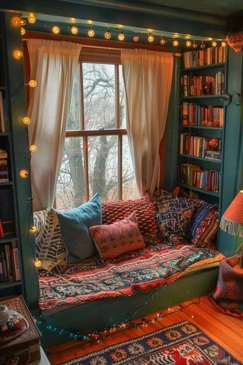 Create a Perfect Retreat with Cozy Reading Nook Ideas 📚✨ Design a warm and inviting reading nook. Use comfortable seating, soft lighting, and personal touches to create a space perfect for relaxation. 🌿🛋️ #CozyReadingNook #HomeDecor #ReadingRetreat #InteriorInspo Tiny Reading Nook, Book Nook Ideas, Modern Kids Playroom, Book Nook Kids, Maximalist Boho, Reading Nook Ideas, Fairytale Houses, Silver Bedroom, Nook Ideas