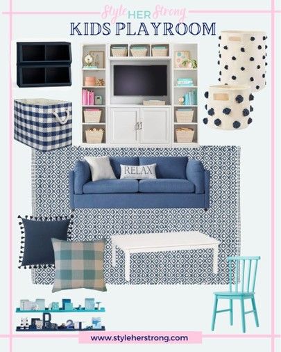 Navy And White Playroom, Blue Couch Playroom, Navy Blue Playroom, Light Blue Playroom, Playroom With Sofa, Playroom With Couch, Navy Playroom, Family Room And Playroom Combo, Playroom Update