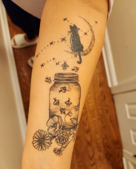 Birth flowers, mason jar, fireflies, Virgo, moon, cat. Night Flowers Tattoo, Lantern With Fireflies Tattoo, Mason Jar Tattoo Fireflies, Crescent Moon Forearm Tattoo, Mason Jar With Fireflies Tattoo, Butterfly In A Jar Tattoo, Firefly Tattoo Design, Jar Of Fireflies Tattoo, Jar Of Flies Tattoo