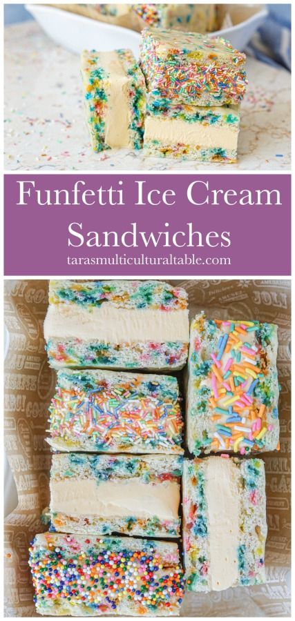 Funfetti Ice Cream Sandwiches on a marble board and in a parchment-lined dish. Sheet Pan Ice Cream Sandwiches, Ice Cream Sandwiches, Birthday Cake Ice Cream Sandwiches, Funfetti Ice Cream Sandwich, Homemade Cookie Ice Cream Sandwiches, Homemade Ice Cream Cookie Sandwiches, Sugar Cookie Ice Cream Sandwich, I’ve Cream Cookie Sandwich, Homemade Ice Cream Sandwiches