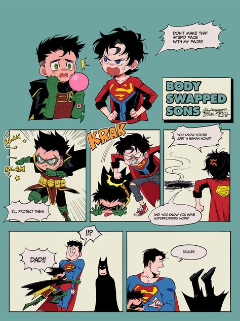 Marvel Comic Book Covers, Damian And Jon, Marvel And Dc Comics, Dc Comics Funny, Dc And Marvel, Super Sons, Superman X Batman, Batfamily Funny, Superman X